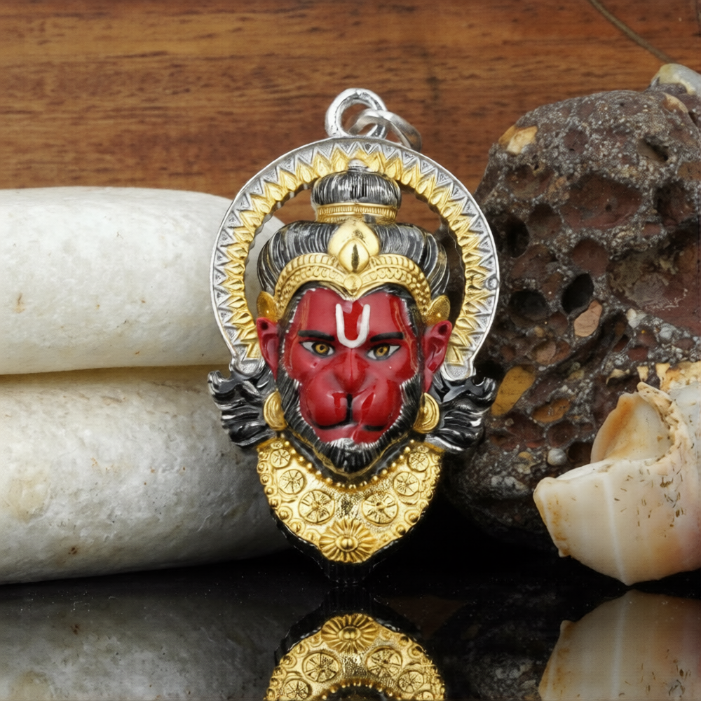 925 Silver Hanumanji Face Pendant | Finest Mina Work & Devotion