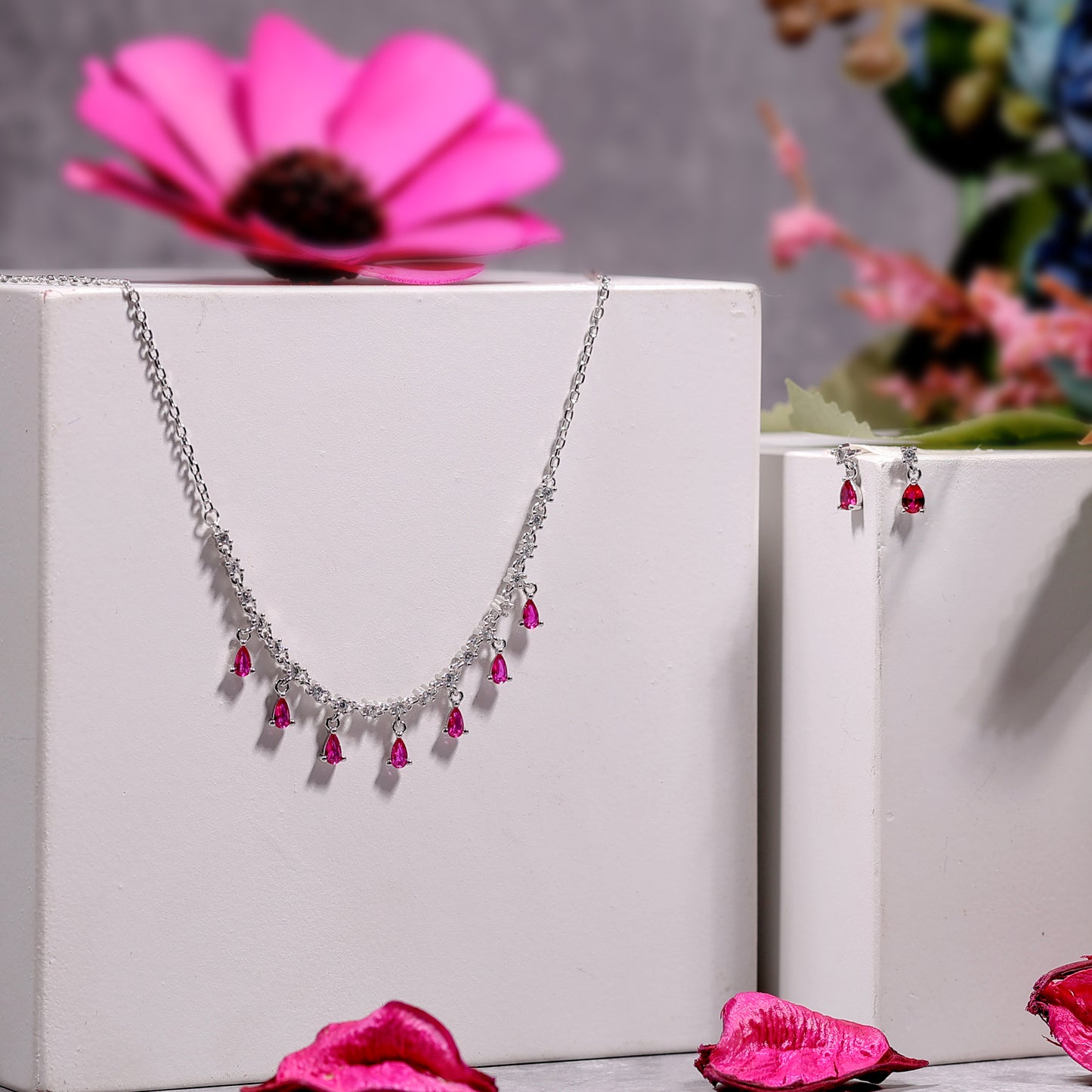 American Diamond Ruby Floral Jewellery Set - varudijewellers