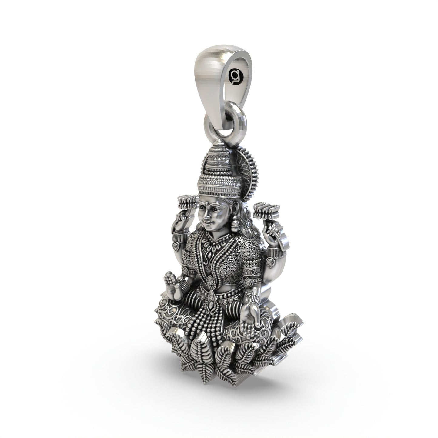 925 Sterling Silver Lakshmi Pendant — Goddess Mahalakshmi on Lotus with Blessings & Lotus Flowers, Handmade Temple Jewellery