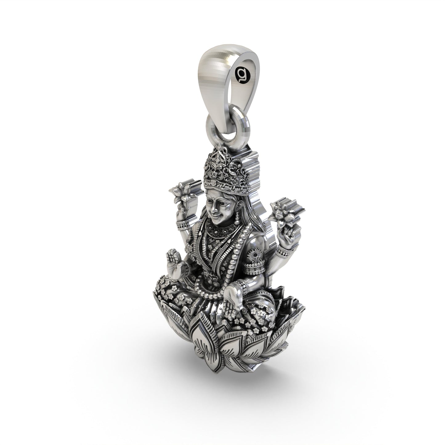 925 Sterling Silver Lakshmi Pendant — Goddess Mahalakshmi on Lotus with Blessing Mudra & Lotus Flowers, Handmade Temple Jewellery