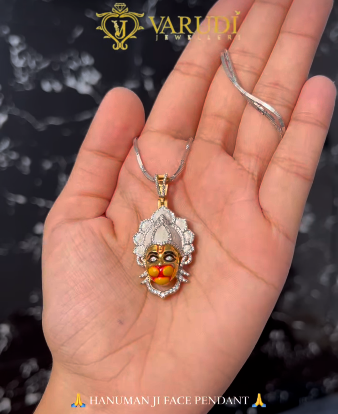 925 Silver Hanumanji Face Pendant with Diamonds & Meena Work | Bajrangbali Mahaveer Hindu God Jewelry | Spiritual Religious Gift for Men & Women