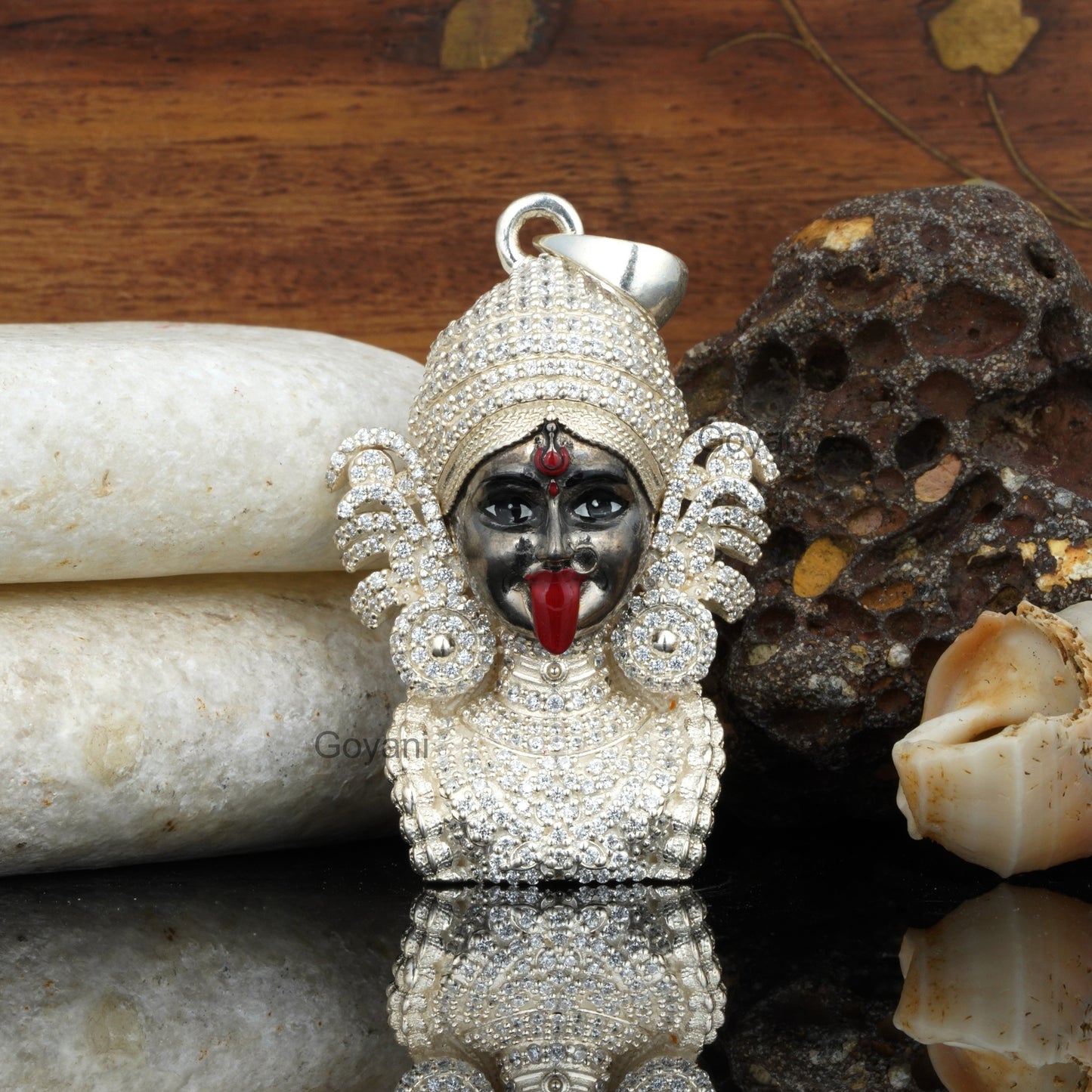 925 Silver Diamond Kali Maa Pendant – Intricate Meena Work for Devotees