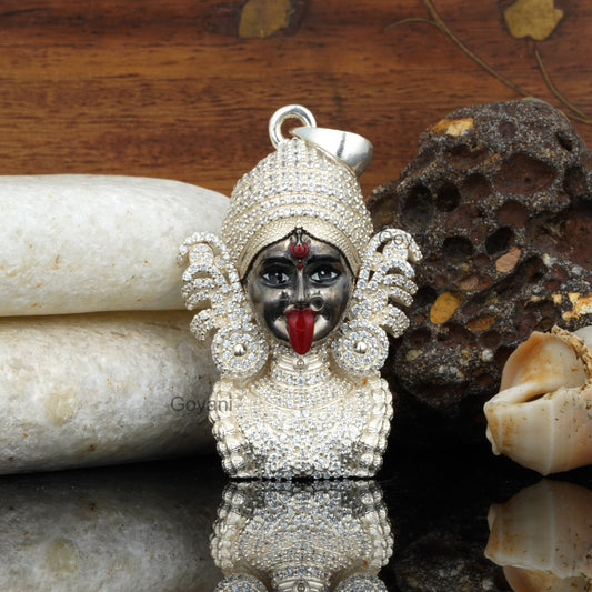 925 Silver Diamond Kali Maa Pendant – Intricate Meena Work for Devotees
