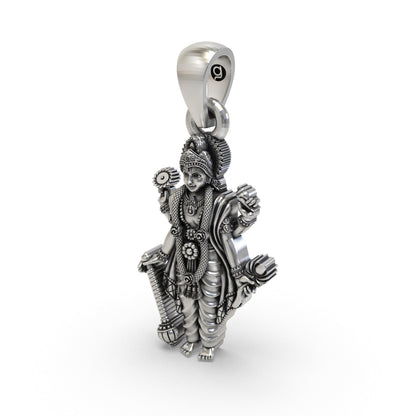 925 Sterling Silver Lord Vishnu Pendant – Four-Armed Narayana Idol with Shankh, Chakra, Gada & Lotus