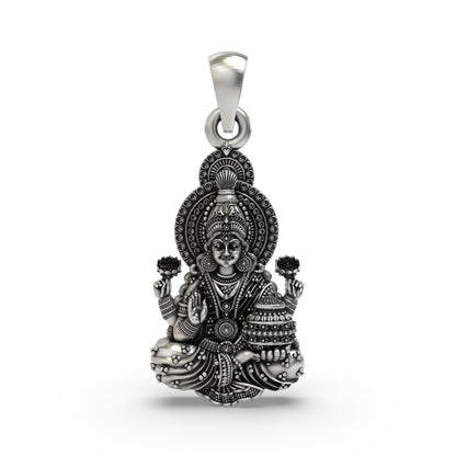 Lakshmi Maa Pendant in 925 Sterling Silver | Hindu Goddess of Wealth & Prosperity | Handmade Devotional Jewelry