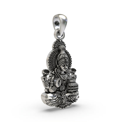 Lakshmi Maa Pendant in 925 Sterling Silver | Hindu Goddess of Wealth & Prosperity | Handmade Devotional Jewelry