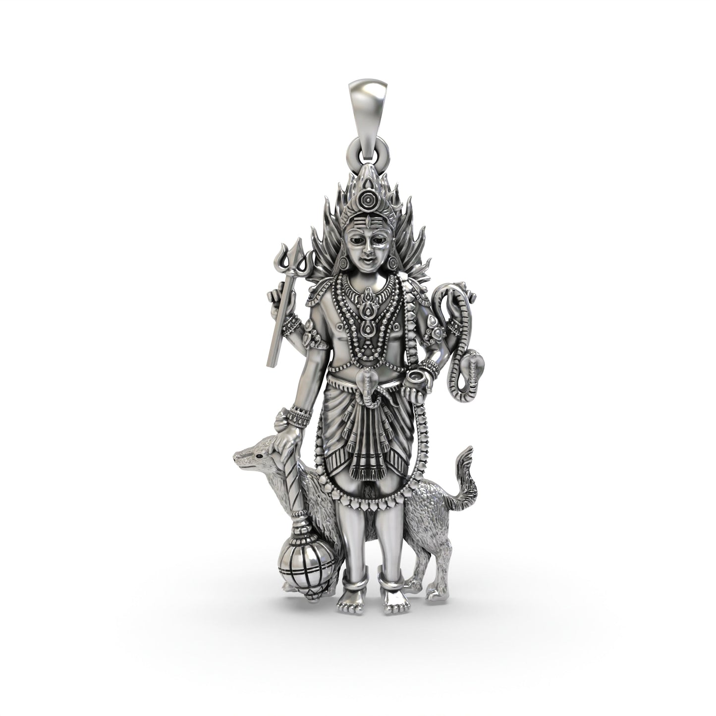 925 Sterling Silver Lord Bhairava Pendant – Kala Bhairav Idol with Trishul, Dog & Damaru