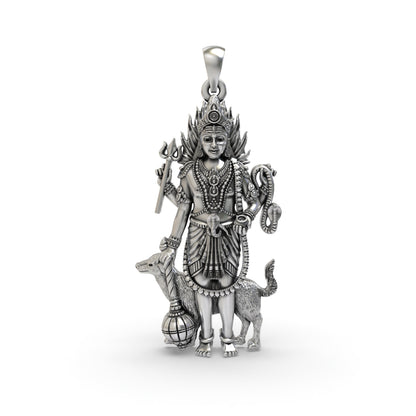 925 Sterling Silver Lord Bhairava Pendant – Kala Bhairav Idol with Trishul, Dog & Damaru