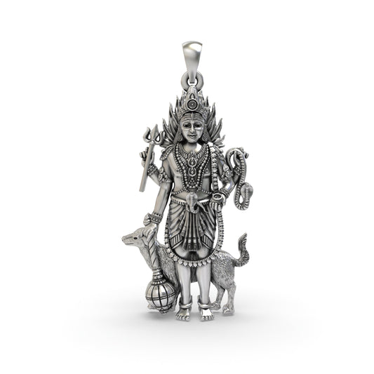 925 Sterling Silver Lord Bhairava Pendant – Kala Bhairav Idol with Trishul, Dog & Damaru