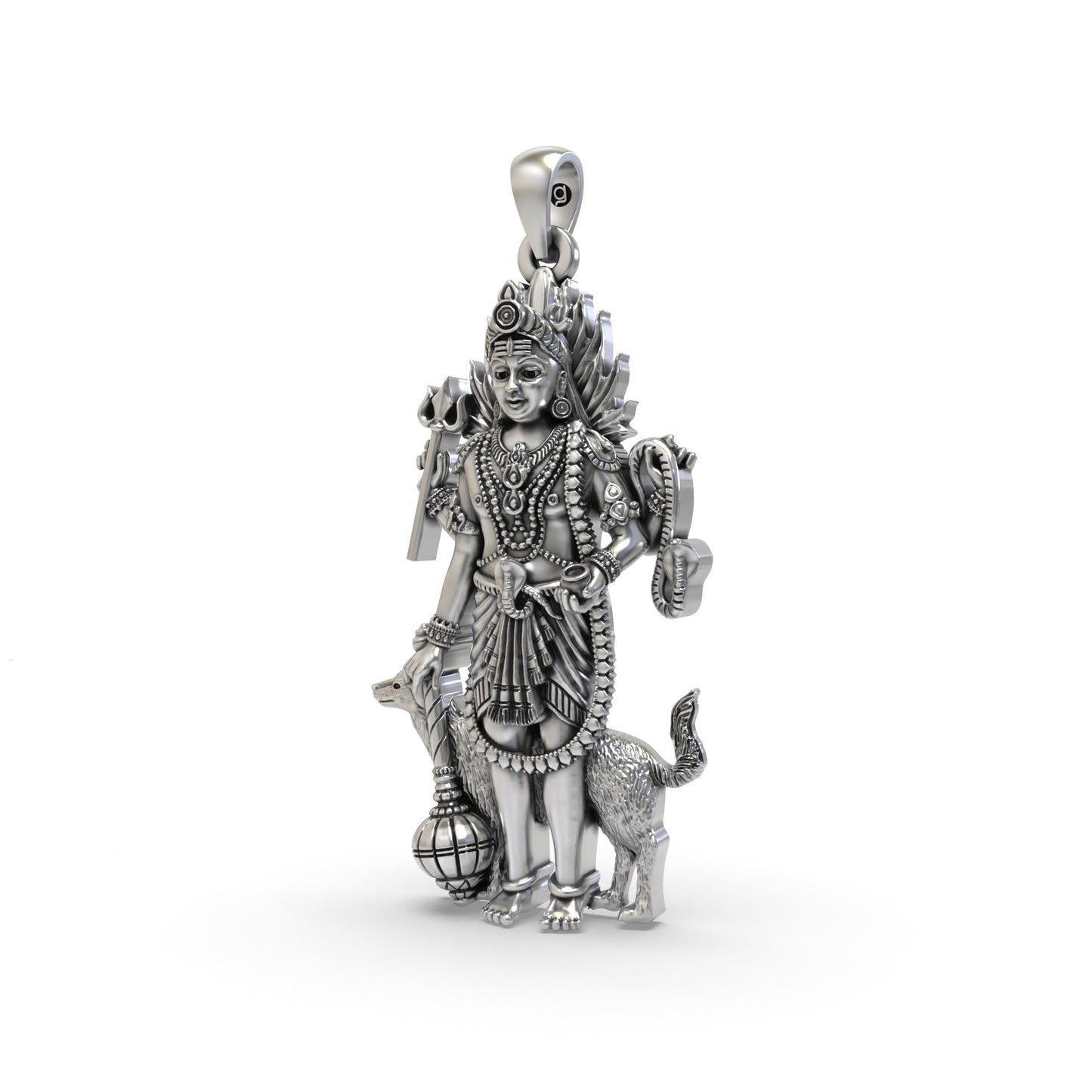 925 Sterling Silver Lord Bhairava Pendant – Kala Bhairav Idol with Trishul, Dog & Damaru