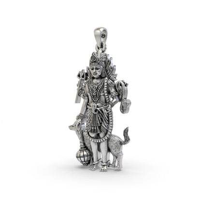 925 Sterling Silver Lord Bhairava Pendant – Kala Bhairav Idol with Trishul, Dog & Damaru