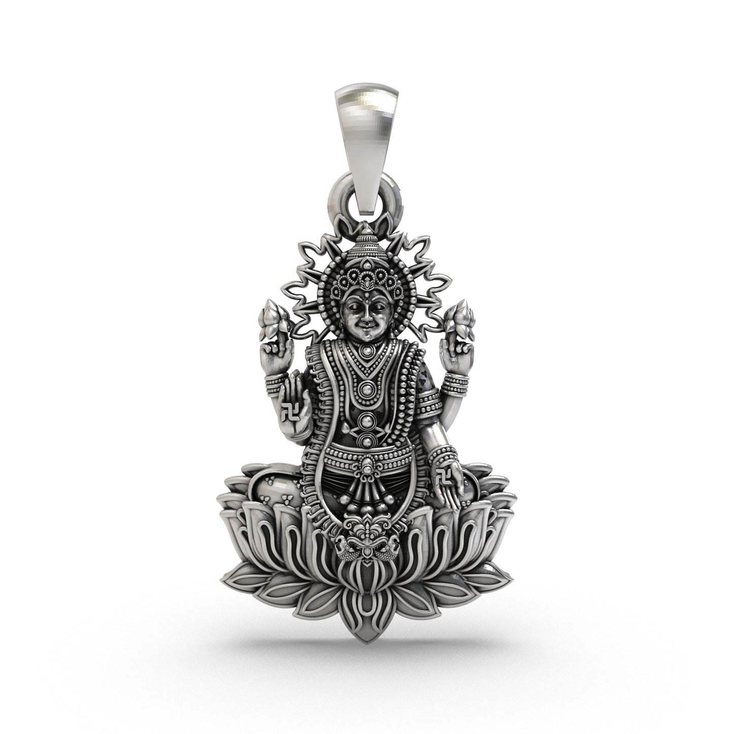 Lakshmi Maa Lotus Pendant in 925 Sterling Silver | Goddess of Wealth & Prosperity | Handmade Hindu Spiritual Jewelry
