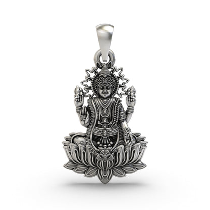 Lakshmi Maa Lotus Pendant in 925 Sterling Silver | Goddess of Wealth & Prosperity | Handmade Hindu Spiritual Jewelry