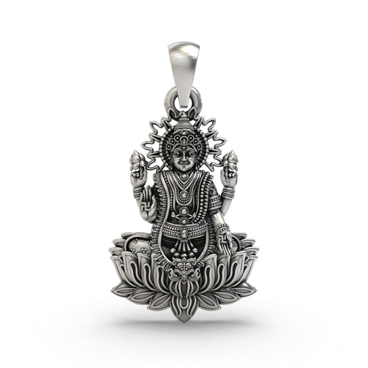 Lakshmi Maa Lotus Pendant in 925 Sterling Silver | Goddess of Wealth & Prosperity | Handmade Hindu Spiritual Jewelry