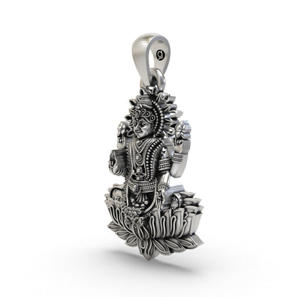 Lakshmi Maa Lotus Pendant in 925 Sterling Silver | Goddess of Wealth & Prosperity | Handmade Hindu Spiritual Jewelry