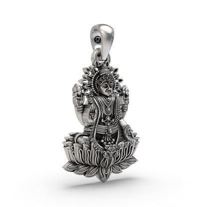 Lakshmi Maa Lotus Pendant in 925 Sterling Silver | Goddess of Wealth & Prosperity | Handmade Hindu Spiritual Jewelry
