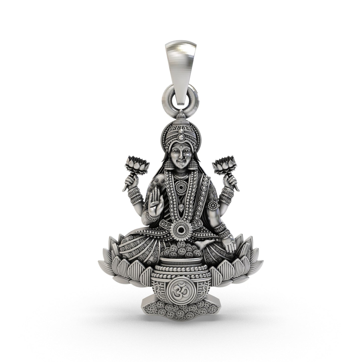 Lakshmi Maa Lotus Pendant with Om Symbol in 925 Sterling Silver | Goddess of Wealth & Prosperity | Handmade Hindu Spiritual Jewelry