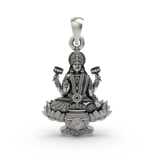 Lakshmi Maa Lotus Pendant with Om Symbol in 925 Sterling Silver | Goddess of Wealth & Prosperity | Handmade Hindu Spiritual Jewelry