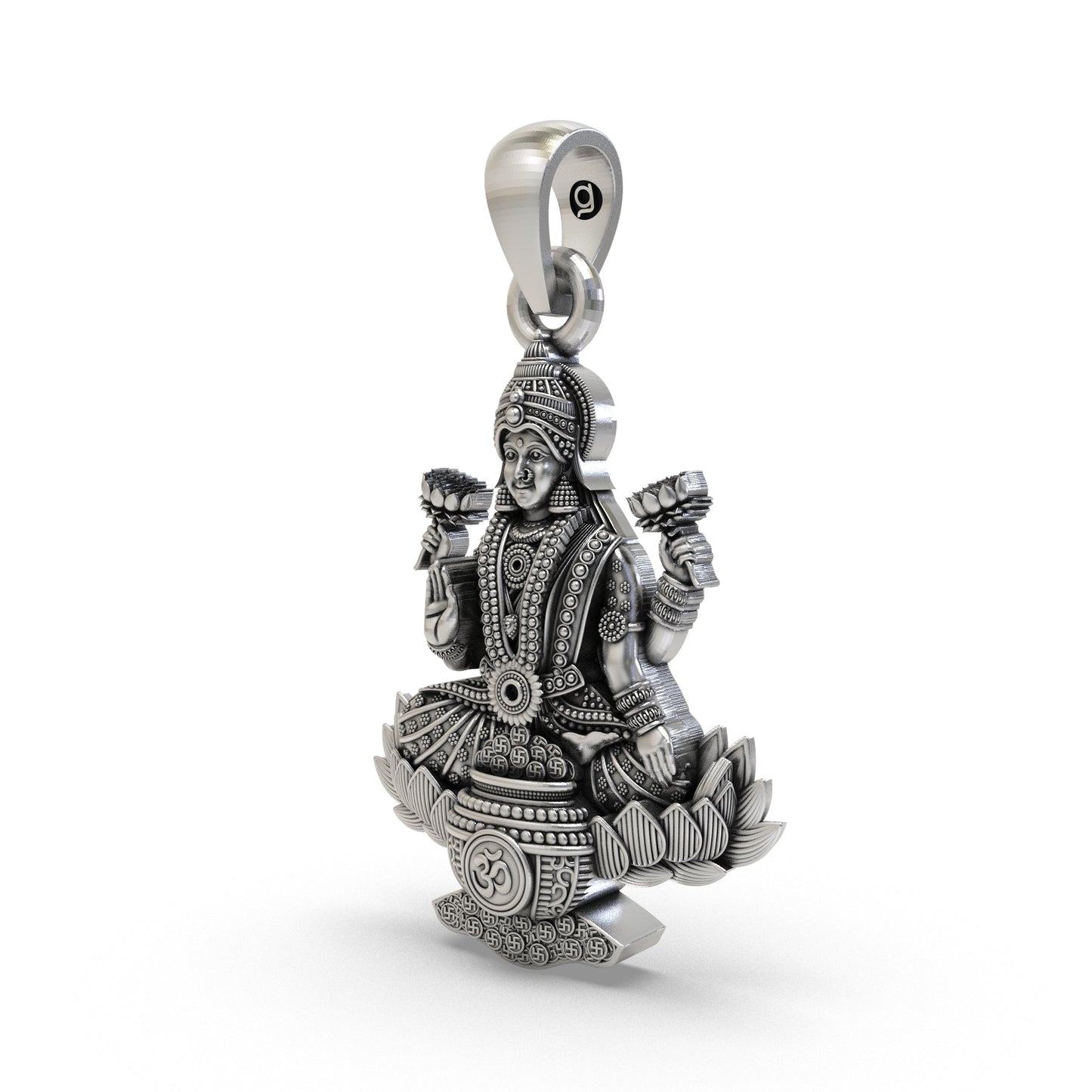 Lakshmi Maa Lotus Pendant with Om Symbol in 925 Sterling Silver | Goddess of Wealth & Prosperity | Handmade Hindu Spiritual Jewelry