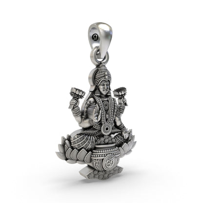 Lakshmi Maa Lotus Pendant with Om Symbol in 925 Sterling Silver | Goddess of Wealth & Prosperity | Handmade Hindu Spiritual Jewelry
