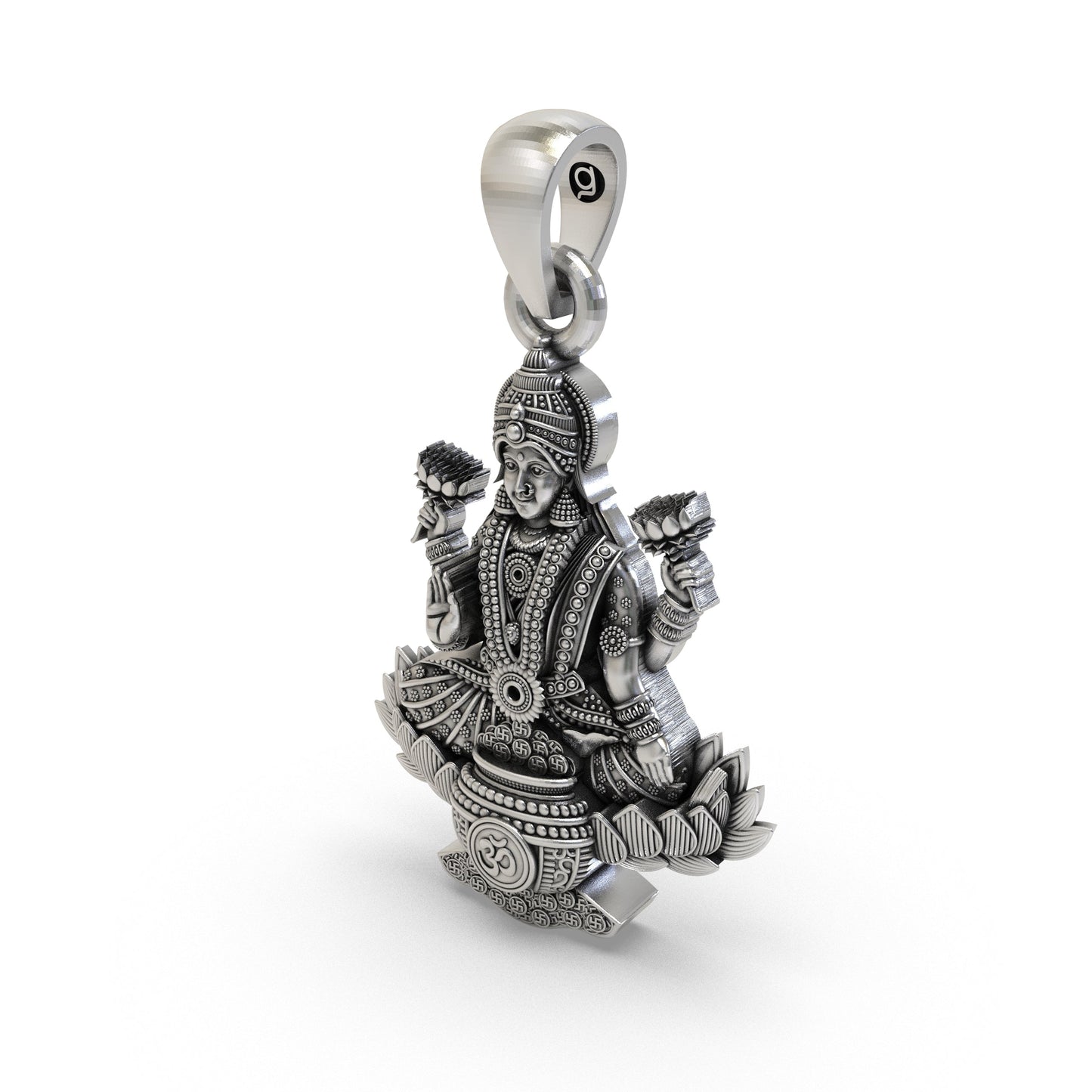 Lakshmi Maa Lotus Pendant with Om Symbol in 925 Sterling Silver | Goddess of Wealth & Prosperity | Handmade Hindu Spiritual Jewelry