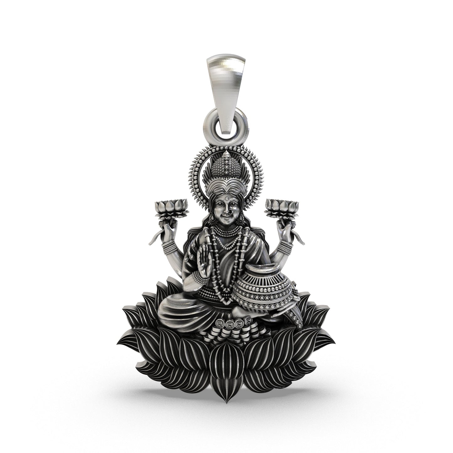 Lakshmi Maa Lotus Pendant in 925 Sterling Silver | Goddess of Wealth, Fortune & Prosperity | Handmade Hindu Spiritual Jewelry