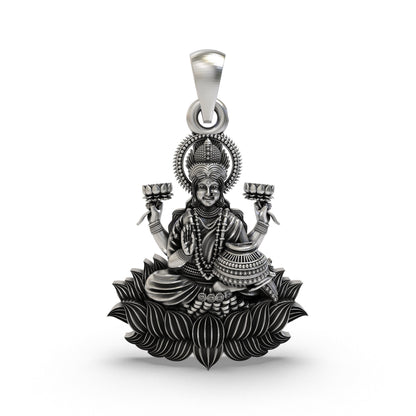 Lakshmi Maa Lotus Pendant in 925 Sterling Silver | Goddess of Wealth, Fortune & Prosperity | Handmade Hindu Spiritual Jewelry