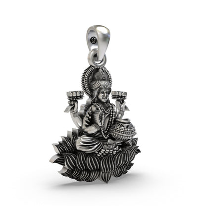Lakshmi Maa Lotus Pendant in 925 Sterling Silver | Goddess of Wealth, Fortune & Prosperity | Handmade Hindu Spiritual Jewelry