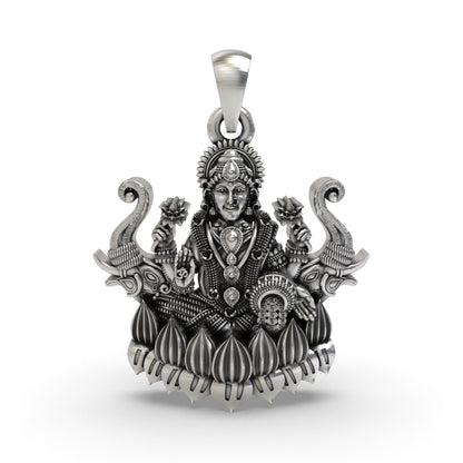 Lakshmi Maa with Elephants Pendant in 925 Sterling Silver | Goddess of Wealth & Prosperity | Handmade Hindu Spiritual Jewelry
