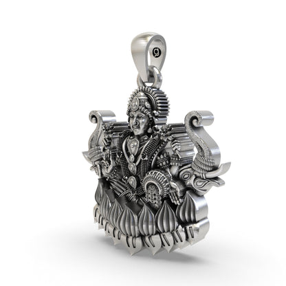 Lakshmi Maa with Elephants Pendant in 925 Sterling Silver | Goddess of Wealth & Prosperity | Handmade Hindu Spiritual Jewelry