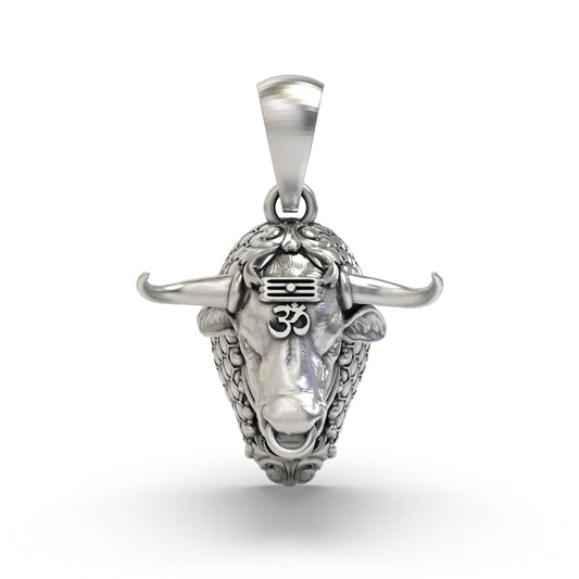 925 Sterling Silver Nandi Bull Pendant — Sacred Shiva Vahana with Om & Tripundra, Handmade Temple Jewellery