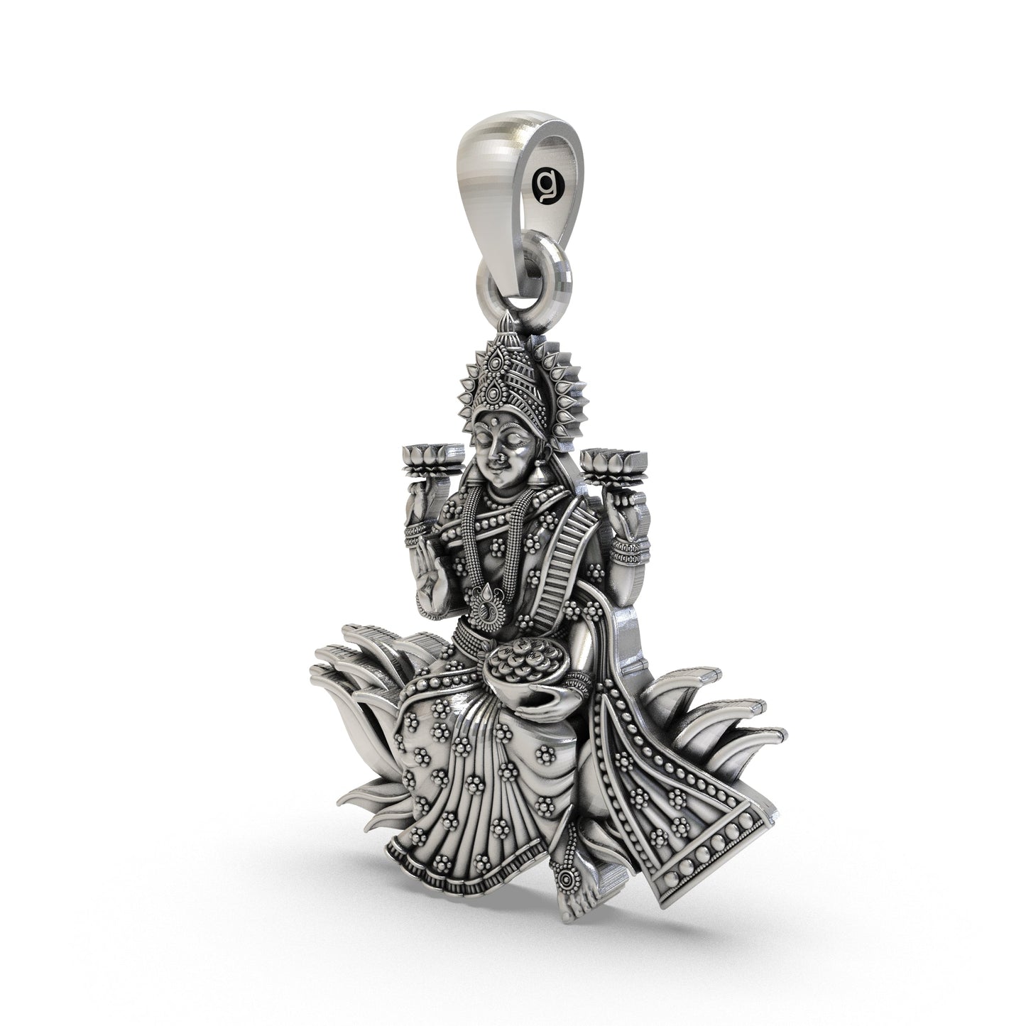 Lakshmi Maa Lotus Pendant in 925 Sterling Silver | Goddess of Wealth & Prosperity | Handmade Hindu Spiritual Jewelry
