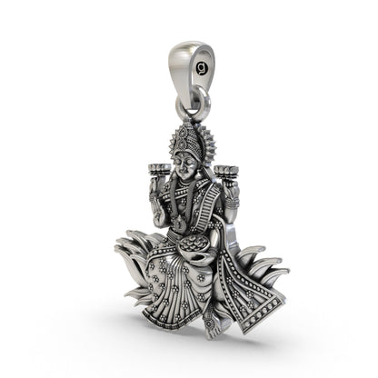 Lakshmi Maa Lotus Pendant in 925 Sterling Silver | Goddess of Wealth & Prosperity | Handmade Hindu Spiritual Jewelry