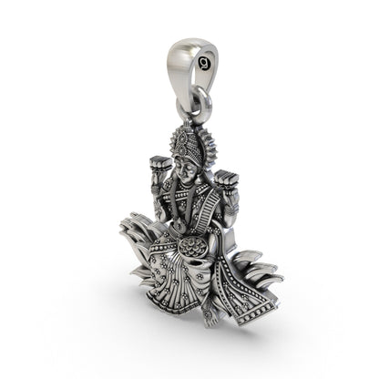 Lakshmi Maa Lotus Pendant in 925 Sterling Silver | Goddess of Wealth & Prosperity | Handmade Hindu Spiritual Jewelry