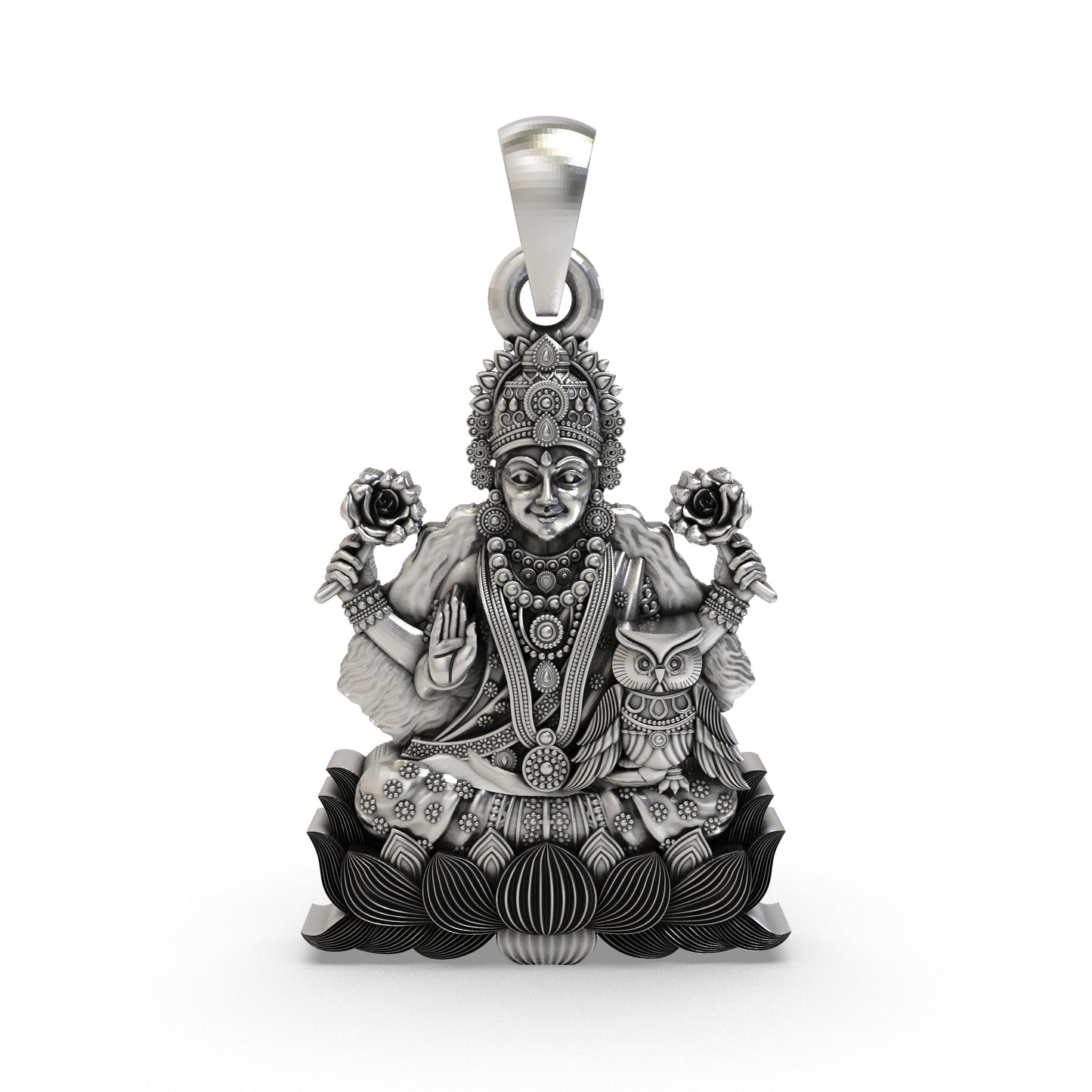 Lakshmi Maa with Owl Pendant in 925 Sterling Silver | Goddess of Wealth & Prosperity | Handmade Hindu Spiritual Jewelry