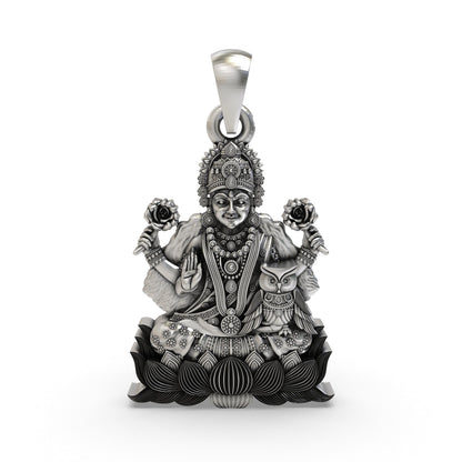 Lakshmi Maa with Owl Pendant in 925 Sterling Silver | Goddess of Wealth & Prosperity | Handmade Hindu Spiritual Jewelry