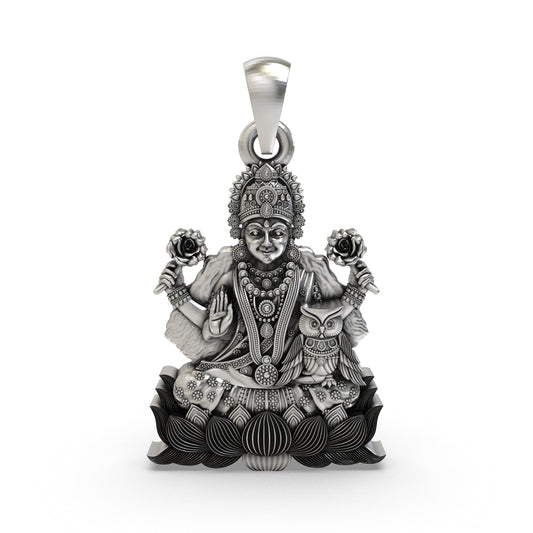 Lakshmi Maa with Owl Pendant in 925 Sterling Silver | Goddess of Wealth & Prosperity | Handmade Hindu Spiritual Jewelry