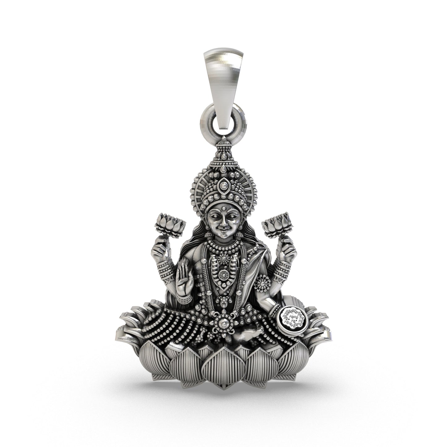 Lakshmi Maa Lotus Pendant in 925 Sterling Silver | Goddess of Wealth, Fortune & Prosperity | Handmade Hindu Spiritual Jewelry