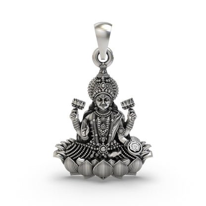 Lakshmi Maa Lotus Pendant in 925 Sterling Silver | Goddess of Wealth, Fortune & Prosperity | Handmade Hindu Spiritual Jewelry