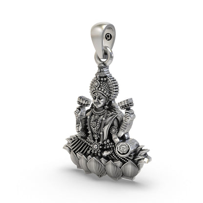 Lakshmi Maa Lotus Pendant in 925 Sterling Silver | Goddess of Wealth, Fortune & Prosperity | Handmade Hindu Spiritual Jewelry