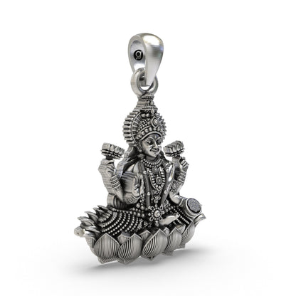 Lakshmi Maa Lotus Pendant in 925 Sterling Silver | Goddess of Wealth, Fortune & Prosperity | Handmade Hindu Spiritual Jewelry