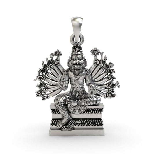 925 Sterling Silver Narasimha Pendant — Ugra Multi-Armed Avatar of Vishnu, Handmade Temple Jewellery