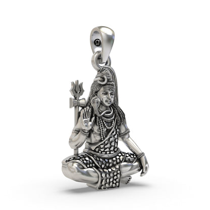 925 Sterling Silver Shiva Pendant — Mahadev in Meditation with Trishul & Snake, Handmade Temple Jewellery