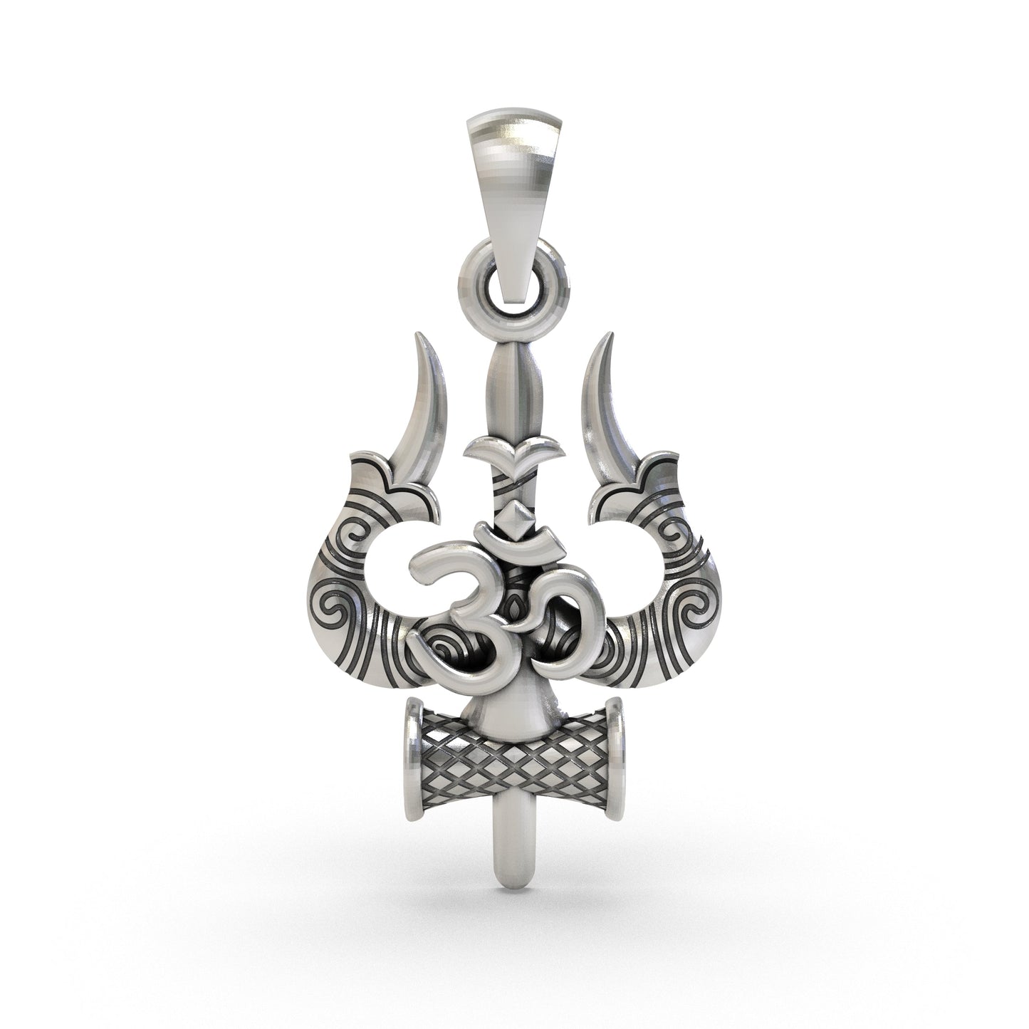 925 Sterling Silver Trishul Om Pendant — Shiva Damru Symbol, Handmade Temple Jewellery