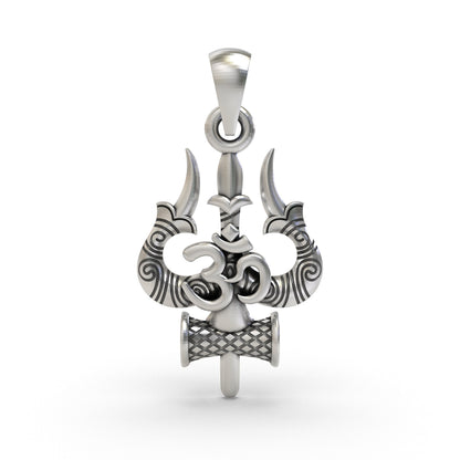 925 Sterling Silver Trishul Om Pendant — Shiva Damru Symbol, Handmade Temple Jewellery