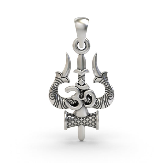 925 Sterling Silver Trishul Om Pendant — Shiva Damru Symbol, Handmade Temple Jewellery