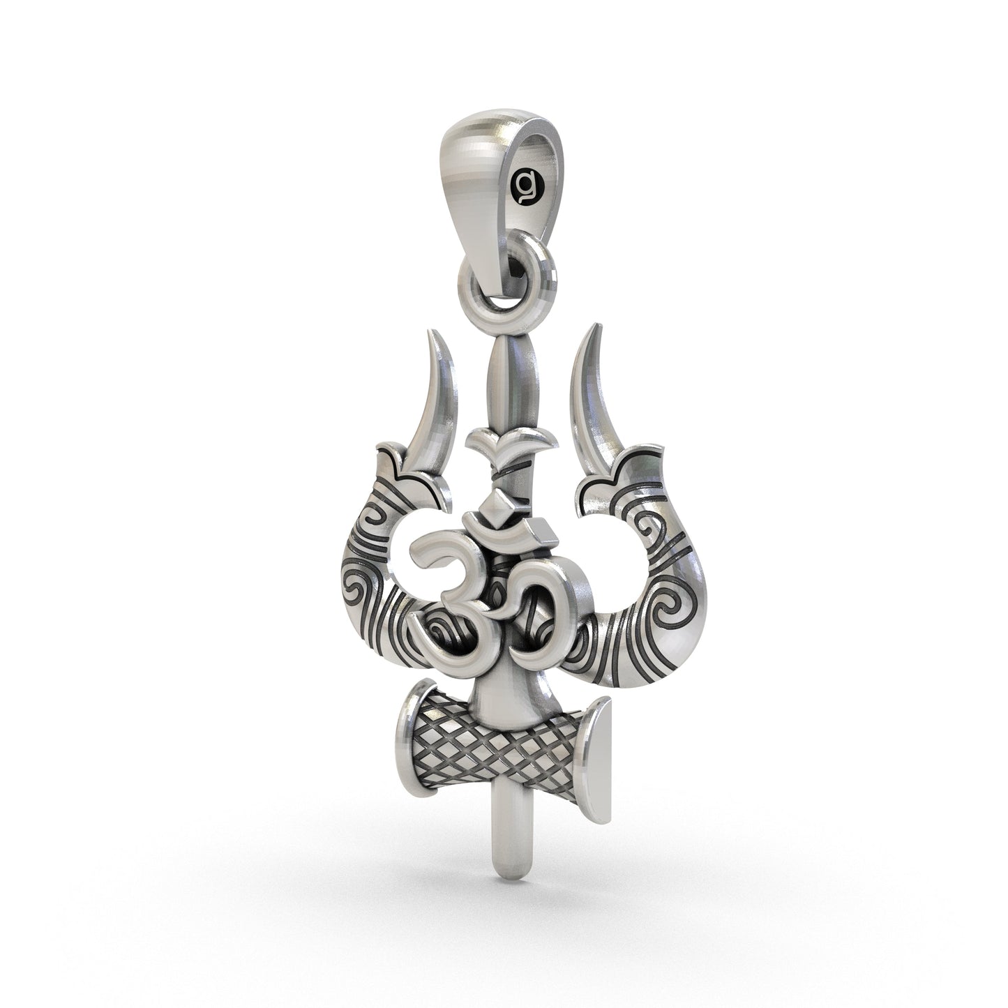 925 Sterling Silver Trishul Om Pendant — Shiva Damru Symbol, Handmade Temple Jewellery