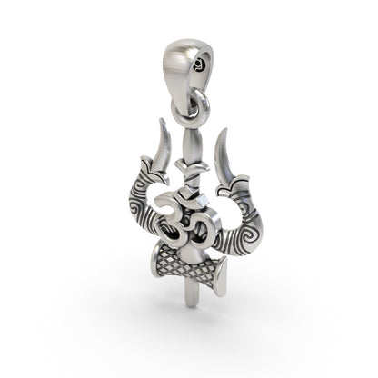 925 Sterling Silver Trishul Om Pendant — Shiva Damru Symbol, Handmade Temple Jewellery