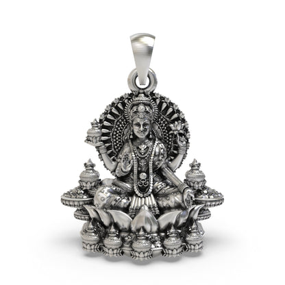 925 Sterling Silver Lakshmi Pendant — Goddess Mahalakshmi on Lotus with Kalash, Handmade Temple Jewellery