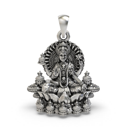 925 Sterling Silver Lakshmi Pendant — Goddess Mahalakshmi on Lotus with Kalash, Handmade Temple Jewellery